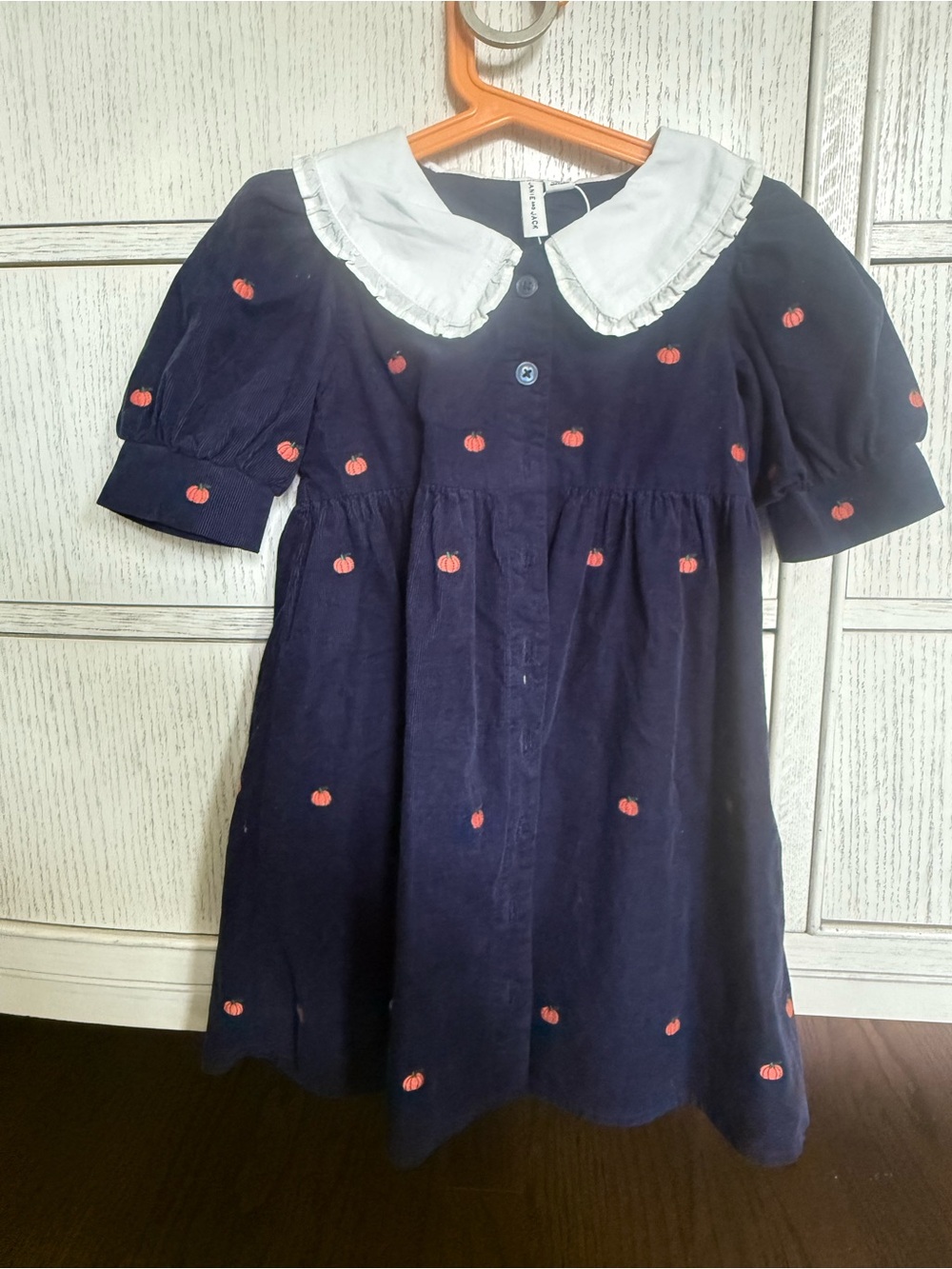 Girls Navy Dress with White Peter Pan Collar and Orange Embroidery